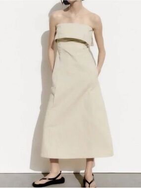ZARA Gabardine Strapless Cream Midi Dress